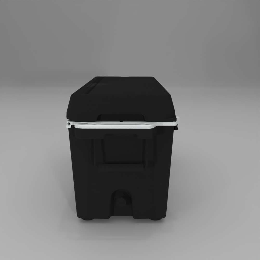 left side Cat Black 88 Quart Cooler with drain plug